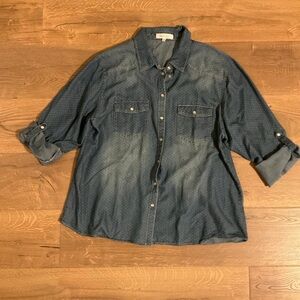 Eden & Olivia denim white polkadot long sleeved Shirt with 3/4 sleeve option, 2X